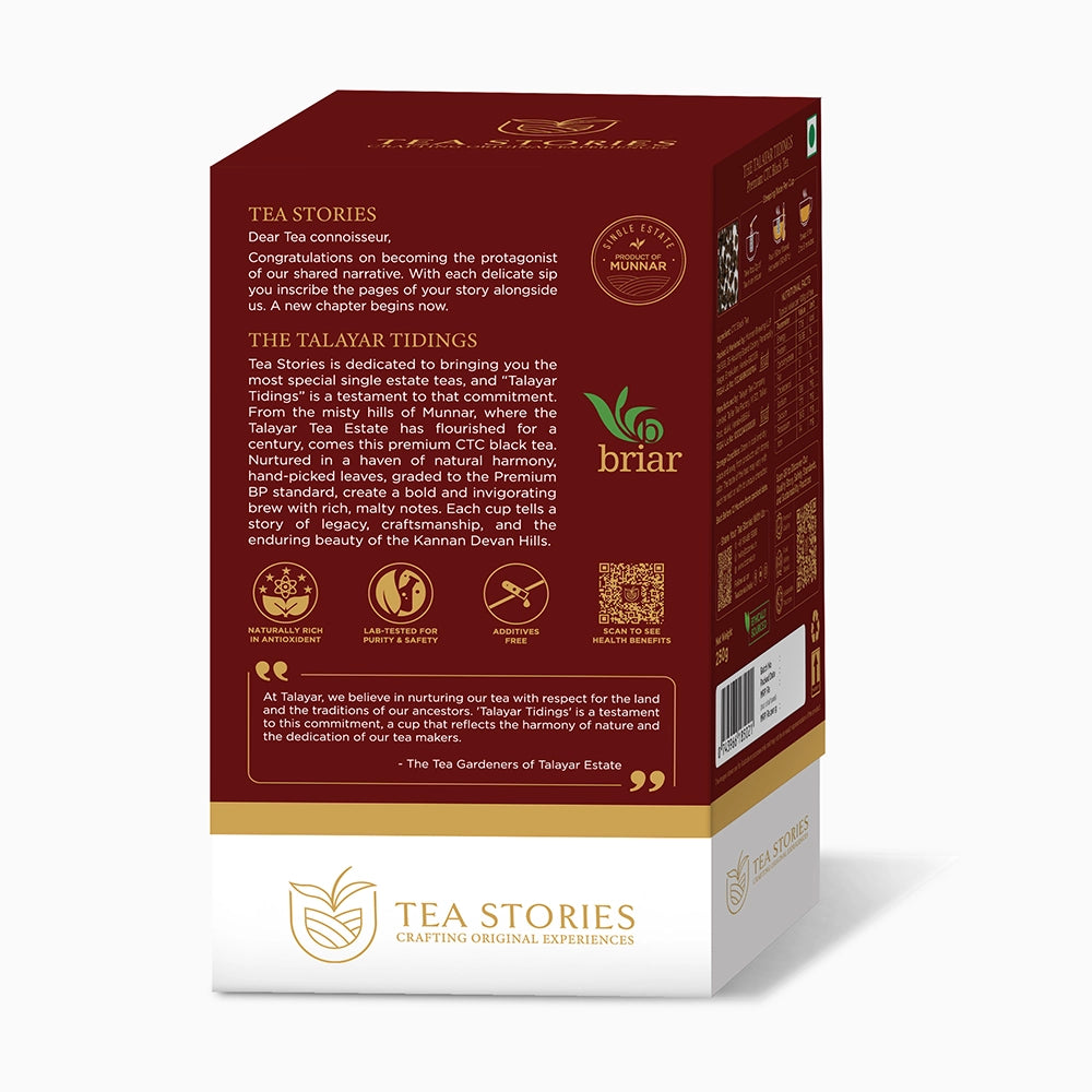 Rear side of Talayar Tidings box — ingredient and FSSAI details visible.